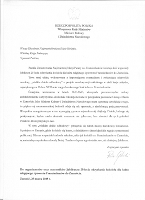 List Ministra Kultury i Dziedzictwa Narodowego